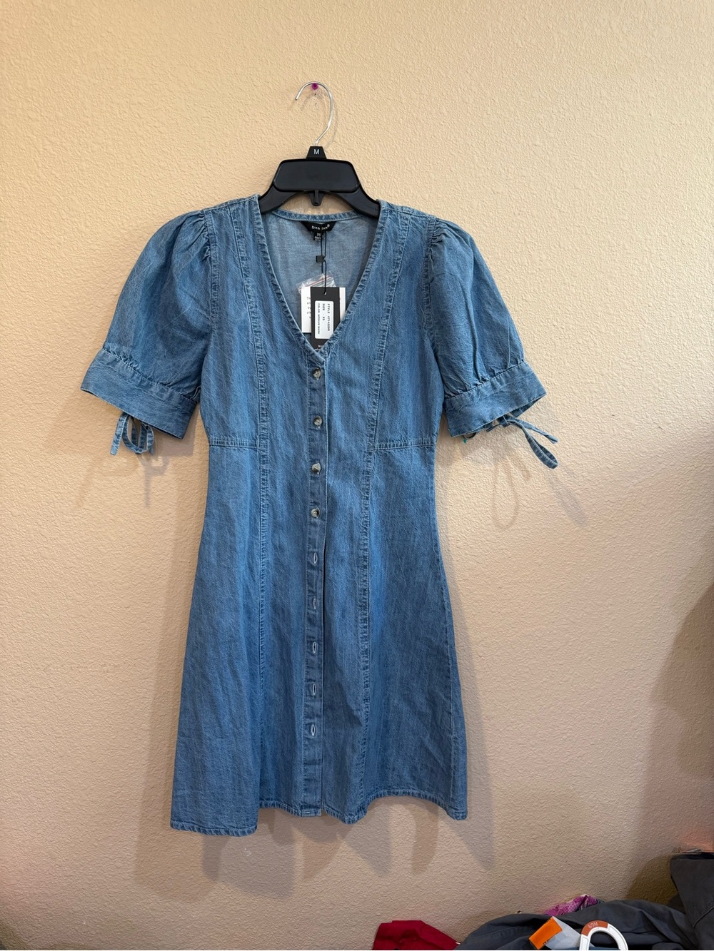 Denim Button-Front Short Sleeve Dress - Blue NWT